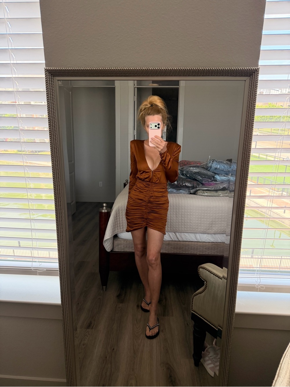 Retrofete Rust Satin Plunge Ruched Mini Dress